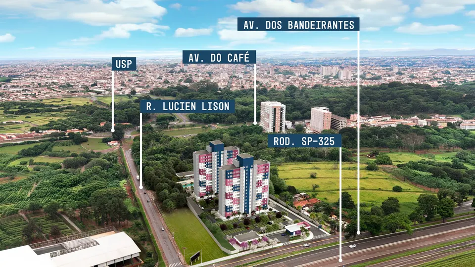 Vista aérea com o Square marcado entre a USP, a Av. do Café, a Av. dos Bandeirantes e a Rodovia SP-325