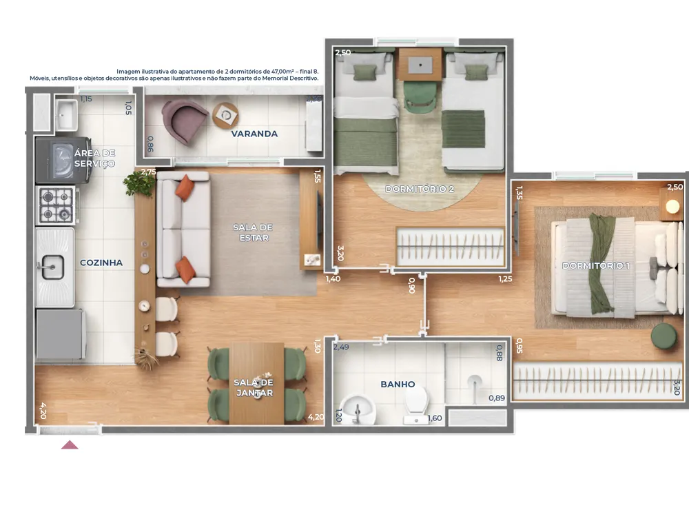 Planta 1: apartamento de 2 dormitórios com 47 m², sala de estar e jantar, cozinha, área de serviço, banheiro e varanda