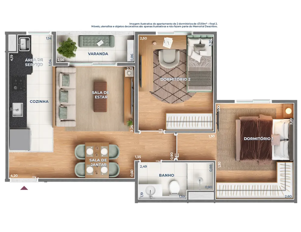 Planta 2: apartamento de 2 dormitórios com 47 m² e varanda