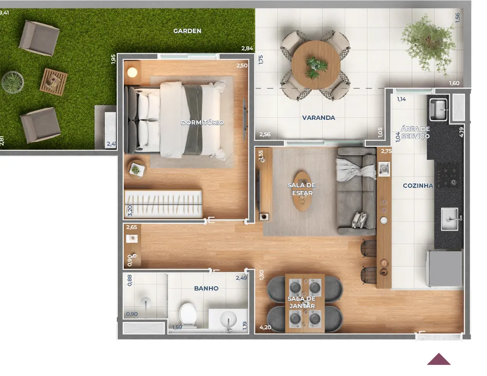 Planta garden de 1 dormitório com 56 m², incluindo garden