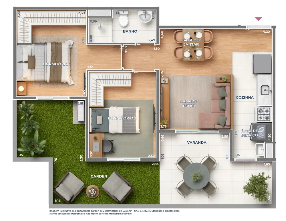 Planta garden de 2 dormitórios com 67,84 m², incluindo garden gramado e varanda